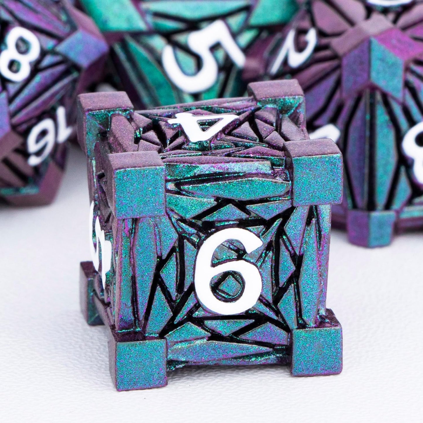 7PCS Metal DND Dice Set with Box, Debris RPG Blue White D and D Dice for D&D Tabletop Games Role Playing Game Polyhedral Dice Set D20 D12 D10 D8 D6 D4