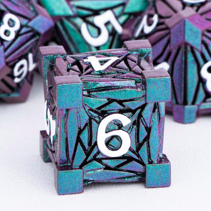 7PCS Metal DND Dice Set with Box, Debris RPG Blue White D and D Dice for D&D Tabletop Games Role Playing Game Polyhedral Dice Set D20 D12 D10 D8 D6 D4