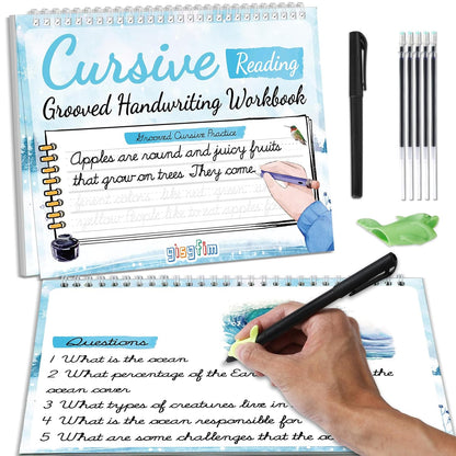 gisgfim Grooved Cursive Handwriting Workbook Magic Reusable Grooved Cursive Handwriting Practice Guided Tracing with Disappearing Ink Pens for Beginners Kids Learning Activities Supplies (Sentence)
