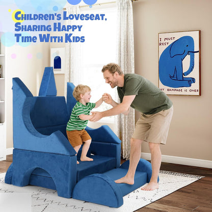 Tangram Puzzles modular kids play couch building fort, Children explorer sofa with Ball Pit, Kids playroom convertible furniture for Inspiring Child Creativity, Made entirely of sponge (Blue Series)