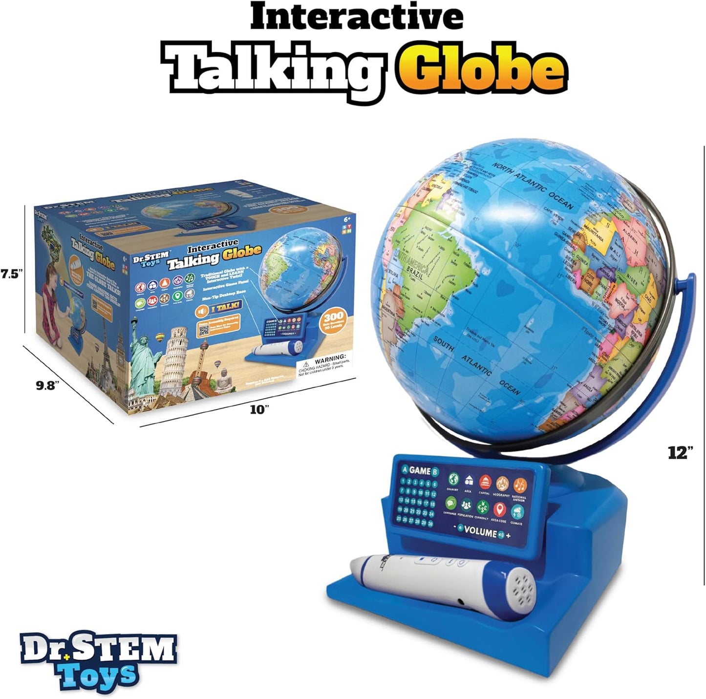 Dr. STEM Toys Interactive Talking Globe with Smart Pen, Game Panel, 300+ Geographic Quiz Questions, Touch & Learn, Music, and More - Educational Toy for Kids Ages 6+