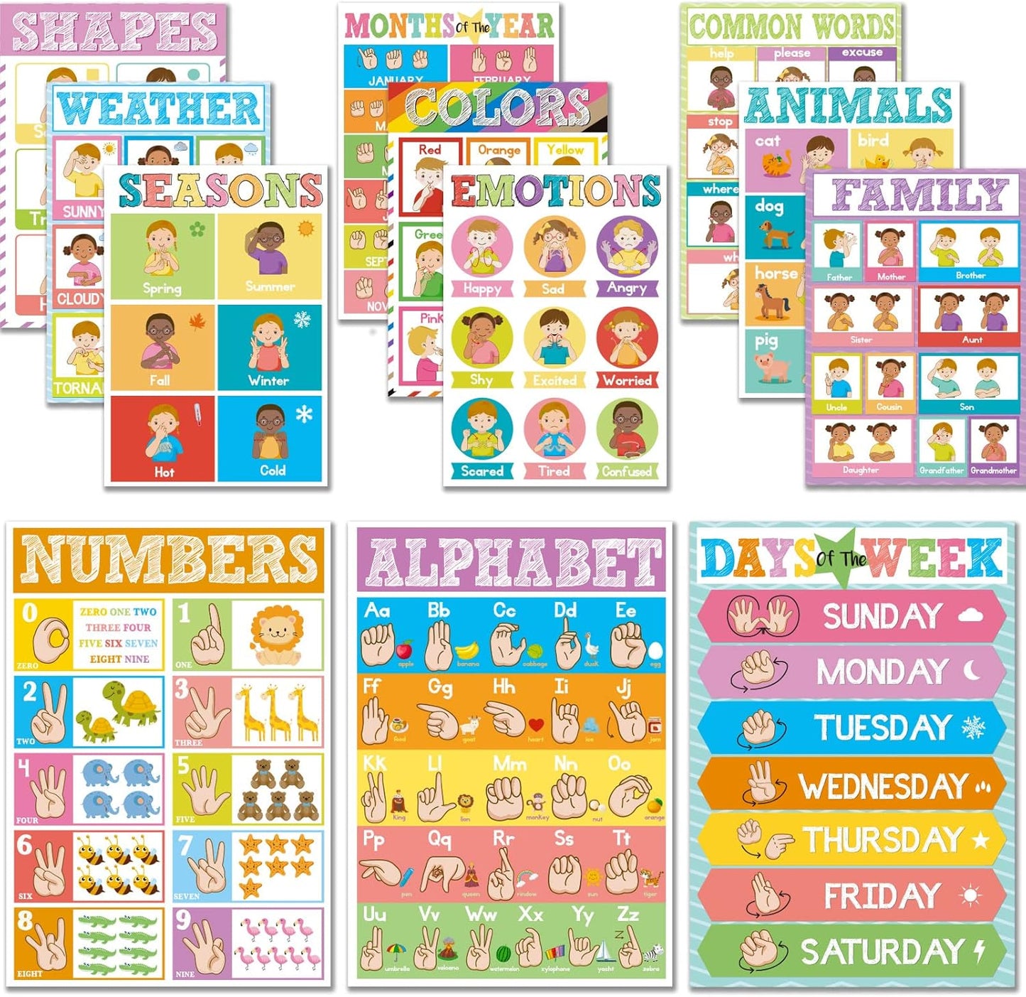 Set of 12 ASL Posters ABC Sign Language Flash Cards American Sign Language Learning Poster for Toddler Kids Students Classroom Decorations ASL Gift