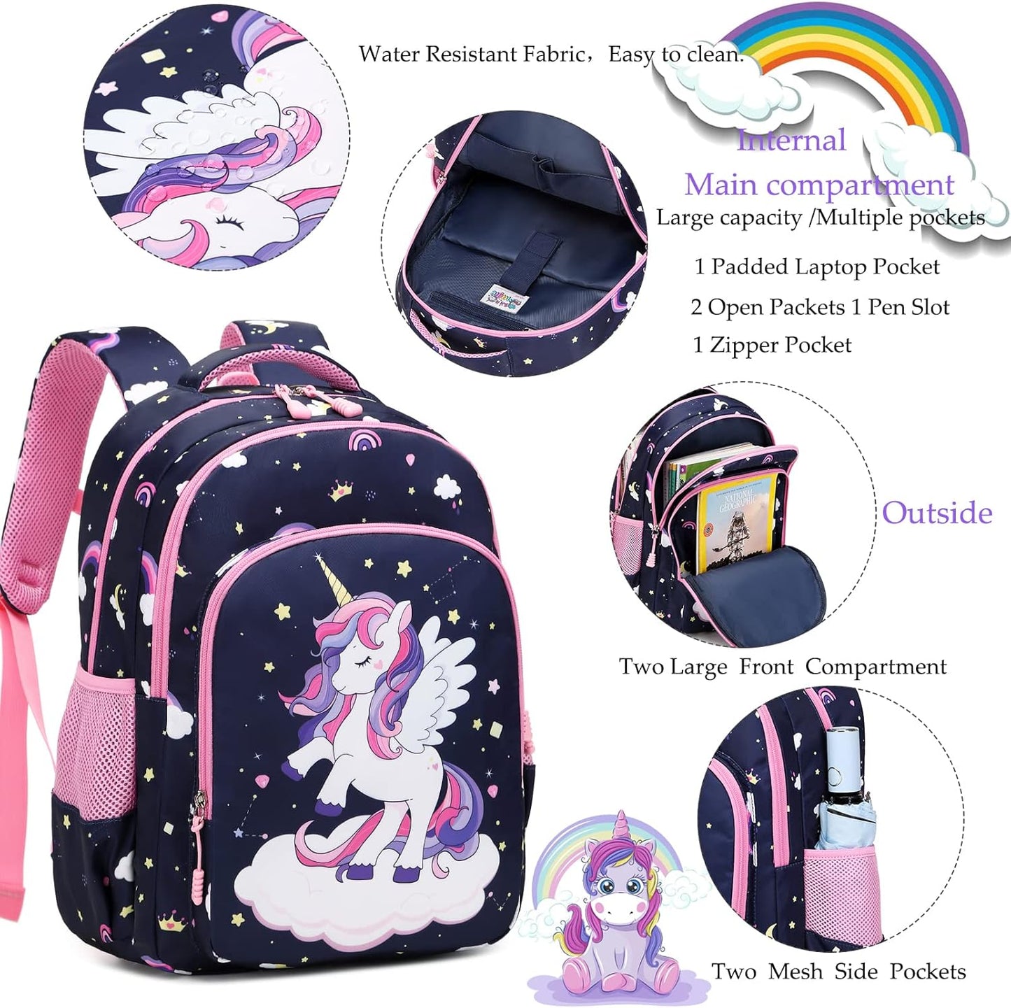 Girls Backpack for Elementary Unicorn Backpack Kids Backpack School Bookbag for Girls 3 in 1 Set Back to School