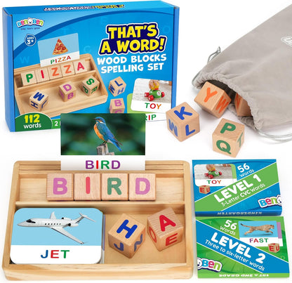BenBen Spelling Games, 224 Flashcards, 208 Wood Letter Tiles, 1-4 Players, Learning Games for Kids 4-8, Educational Toys for Kindergarten 1st 2nd Grade, Preschool Classroom Must Haves