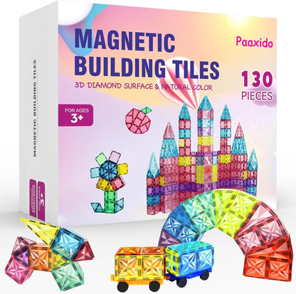 Paaxido Magnetic Tiles, 130PCS Magnetic Blocks Set with 2 Cars, 4D Diamond Magnet Building Blocks, STEM Preschool Educational Magnet Toys Gift for Kids, Boys and Girls 3 4 5 6 7 8+ Year Old