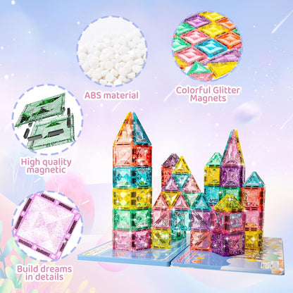 Magnetic Tiles Building Blocks for Kids Ages 3-8, Diamond Surface Travel Set with Metal Storage Box, 60PCS STEM Montessori Educational Learning Toys Gifts