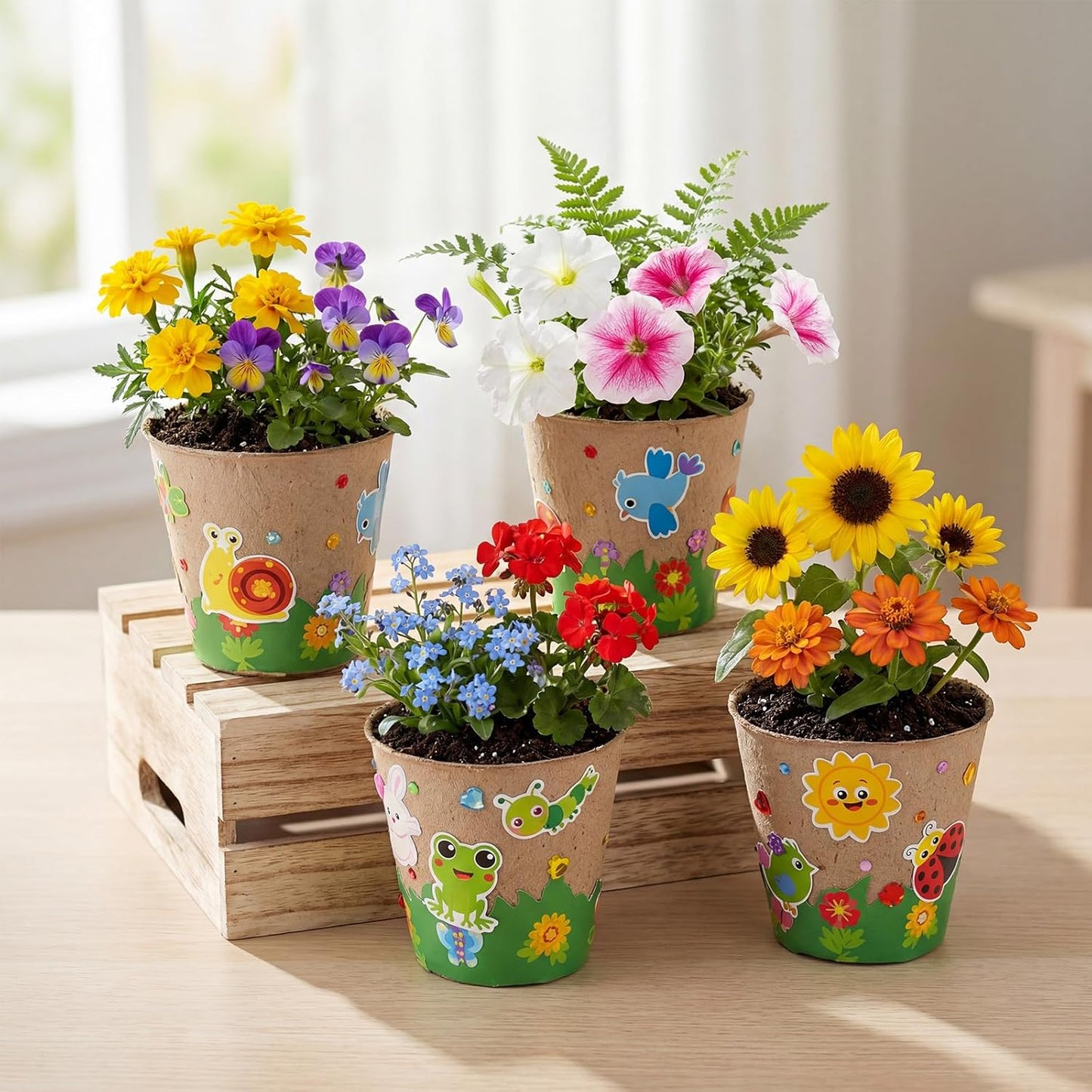 Motipuns Mother's Day Garden Paper Pot Craft Kit Include Plant Flower Peat Pots with Domes 4 Sheet Rhinestones Jewels Stickers and Adhesive Spring Stickers Set for DIY Craft Gifts