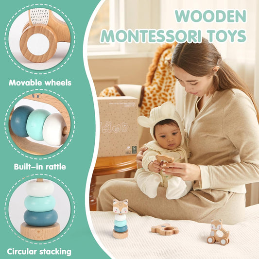 FReniland Wooden Montessori Baby Toys Set, 5-Piece Newborn Gift Set with Koala Rattle, Fox Stacking Rings & Push-Pull Toy for Boys and Girls