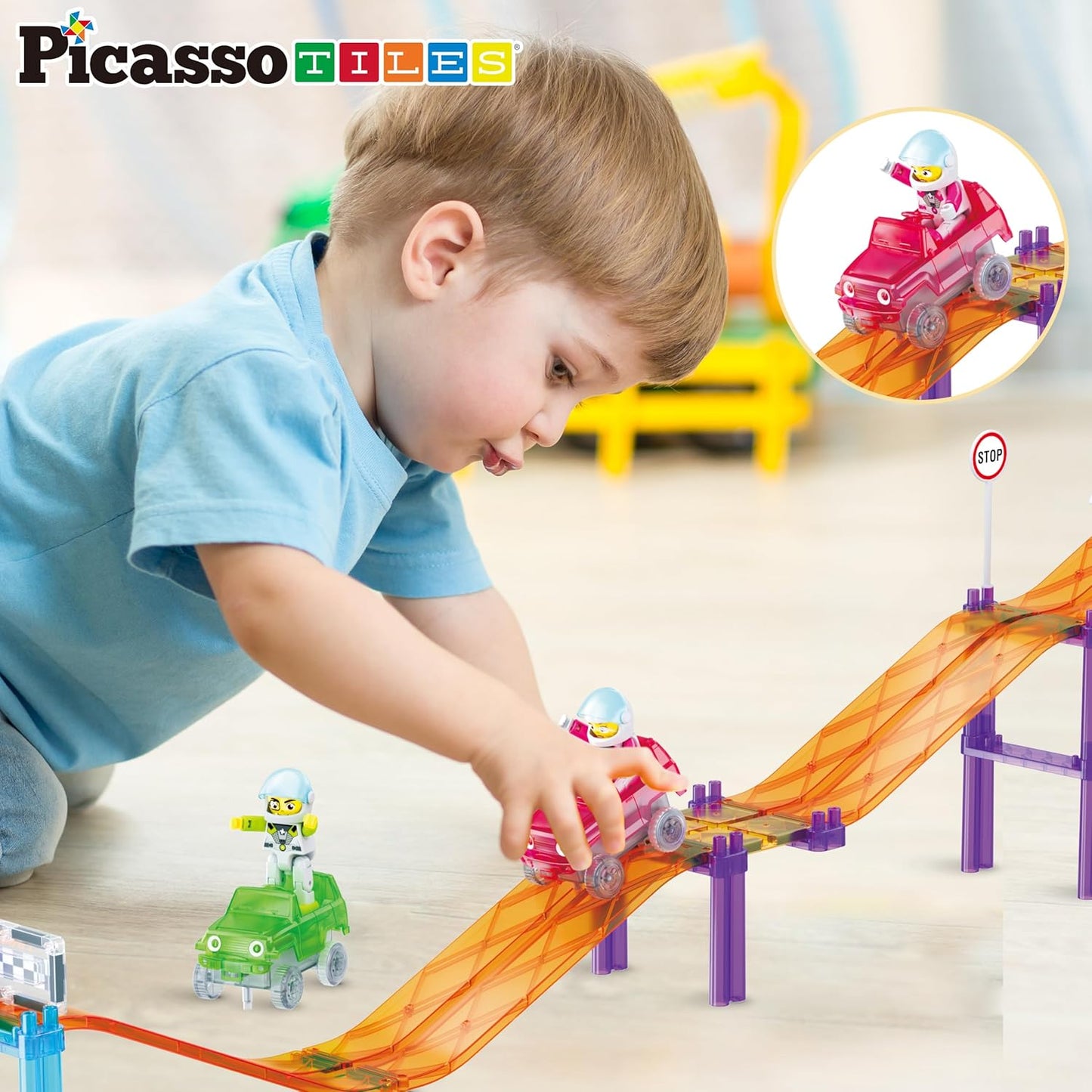 PicassoTiles 50pc Racecar Track Magnetic Tiles Educational Kids Toy with 2 Light Up Trucks STEM Preschool Learning Magnet Tile Toddler Toys Boys Girls Ages 3+ Blocks Game Puzzles Build Playset PTR50