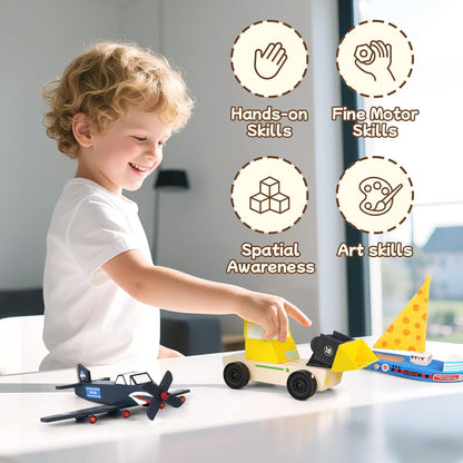 Wooden Build Paint Art Crafts Kit 3 Pack, Make Your Own Car Boat & Plane DIY Craft Toys for Kids Boys, STEM Educational Toy Set for Kids Ages 4-8, 8-12