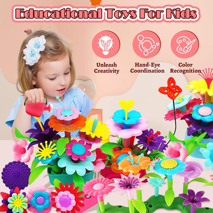 FUNZBO Girl Flower Garden Building Toys Set - Birthday Gifts for Age 2 3 4 5 6 Years Old Girls, STEM Montessori Educational Toy for Toddler Kids, Sorting & Stacking Spring Gardening Set