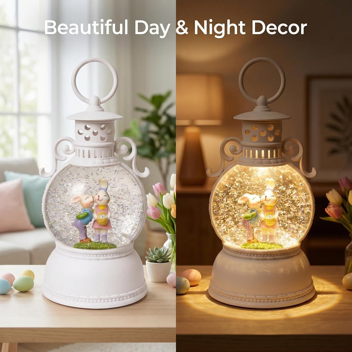 Easter Snow Globe Lantern, 9.4" Bunny Couple Lighted Snow Lantern with 6-Hour Timer, Battery or USB Powered, Spring Easter Decorations for Home, Easter Bunny Gift & Blue Easter Decor