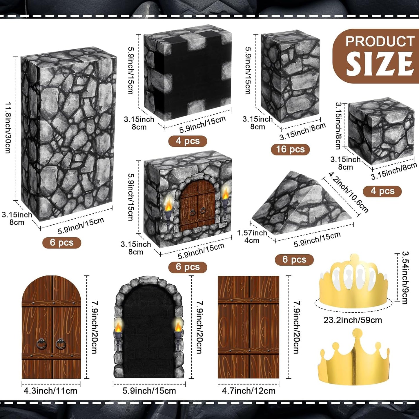 MotiMind 47 Pcs Jumbo Cardboard Castle Building Blocks New Year Gift DIY Building Blocks Large Stone Box Collapsible Reusable Jumbo Crown for Castle House Birthday Indoor Outdoor Party (Black)