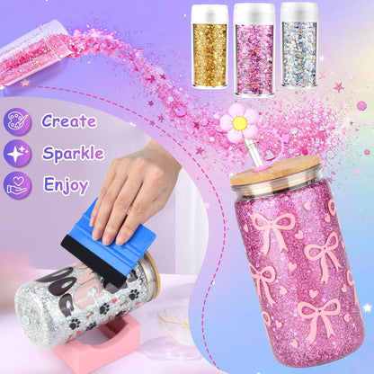 kiddgroo Snow Globe Tumbler Supplies, 25 Pcs DIY Snowglobe Cup Set– Includes 16oz Double-Wall Acrylic Tumbler, Cup Cradle, UV DTF Wraps, Craft Glitter & DIY Tools,Mothers Day Gifts