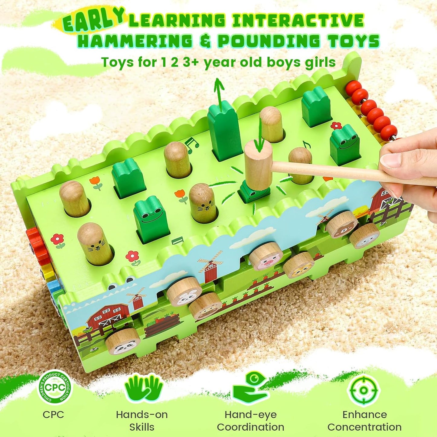 Wooden Baby Activity Cube Montessori Toys for 12+ Months Boys Girls | Hammering Pounding Toys with Abacus, Educational Toddler Activities Toys with Xylophone (Crocodile)