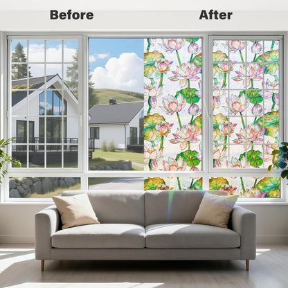 Donox Window Privacy Film Static Cling, Decorative Stained Glass Style Tint, Lotus Pattern with Rainbow Effect for Home and Office, UV Blocking No Glue Removable, 17.5 x 157.4 inches