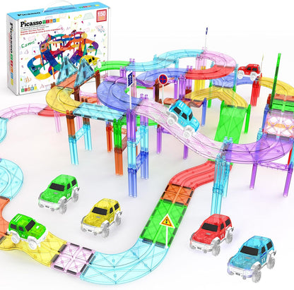PicassoTiles 50pc Racecar Track Magnetic Tiles Educational Kids Toy with 2 Light Up Trucks STEM Preschool Learning Magnet Tile Toddler Toys Boys Girls Ages 3+ Blocks Game Puzzles Build Playset PTR50