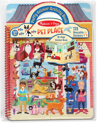 Melissa & Doug Pet Place Puffy Sticker Activity Book – 115 Reusable Stickers with 10 Background Scenes, Pet-Themed Mess Free Travel Toys for Kids Ages 4+ - FSC Certified