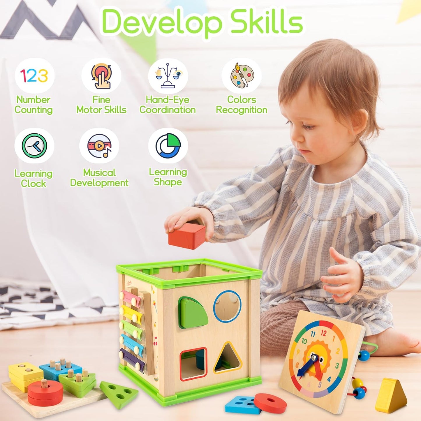 WOODMAM Wooden 7-in-1 Activity Cube| Montessori Toys for 1 Year Old Toddlers| Baby Educational Developmental Toys |One Year Old Boys Girls First Birthday Gifts |Bonus Sorting & Stacking Board