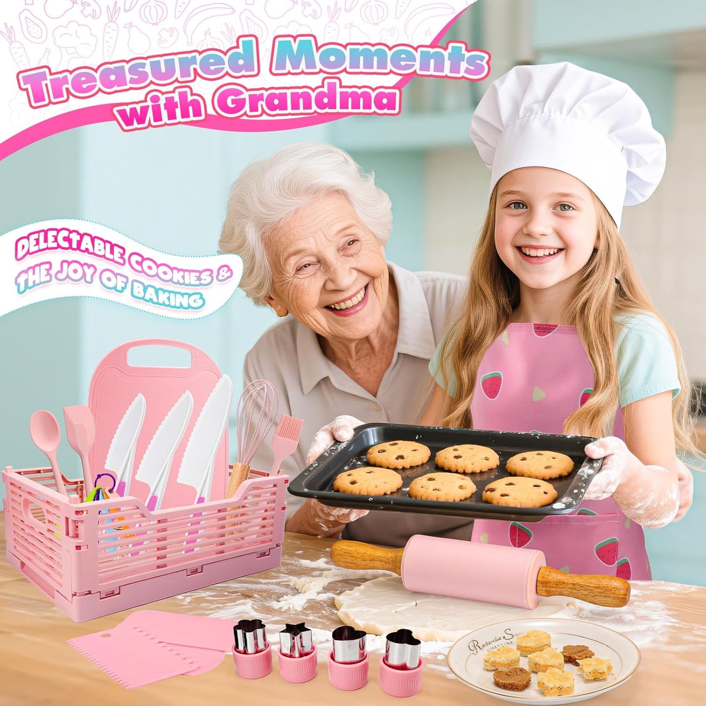 Kids Baking Cooking Set Real & Toddler Kid Apron, Kids Knife Set for Real Cooking & Basket,Food-Grade Material,Montessori Toddler Kitchen Tools, Christmas Birthday Gift for 3-10 Year Old Girls Boys