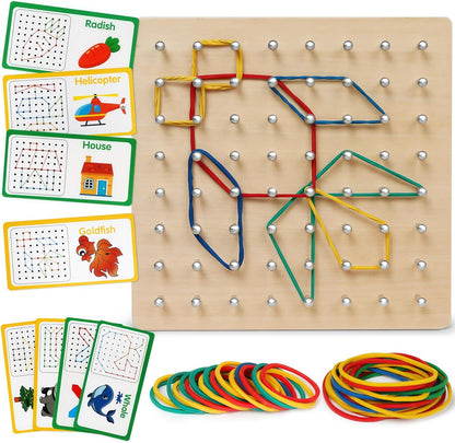 Skrtuan Wooden Geoboard with Pattern Cards & Rubber Bands, Montessori STEM Educational Toy for Kids 3-5 5-8 Years Old, Brain Teaser Puzzle Game for Geometry Learning and Creative Shapes