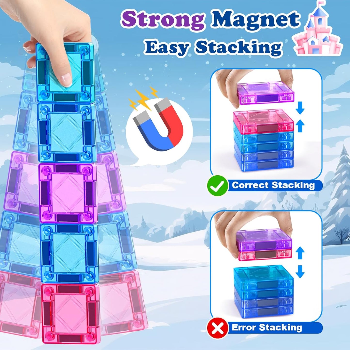 Mini Magnetic Tiles Travel Set 40PCS with Iron Box Princess Castle Pretend Girl Play Toys Age 3 4-5 6-8, Educational Portable Magnet Building Tiles Christmas Birthday Gifts for Toddlers Boys & Girls