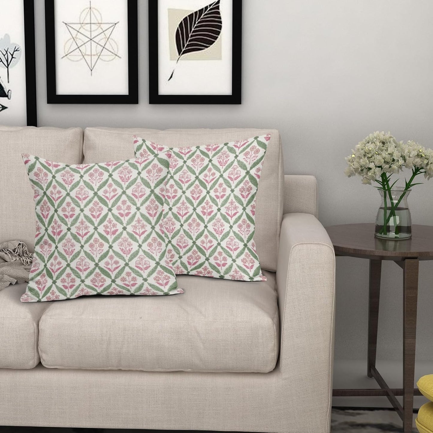 Blue Green Floral Block Print Pillow Covers 12X20 Set of 2, Flower Pattern Spring Summer Print Decorative Throw Pillow Covers Outdoor Farmhouse Seasonal Cushion Case Couch Sofa Bed Decor