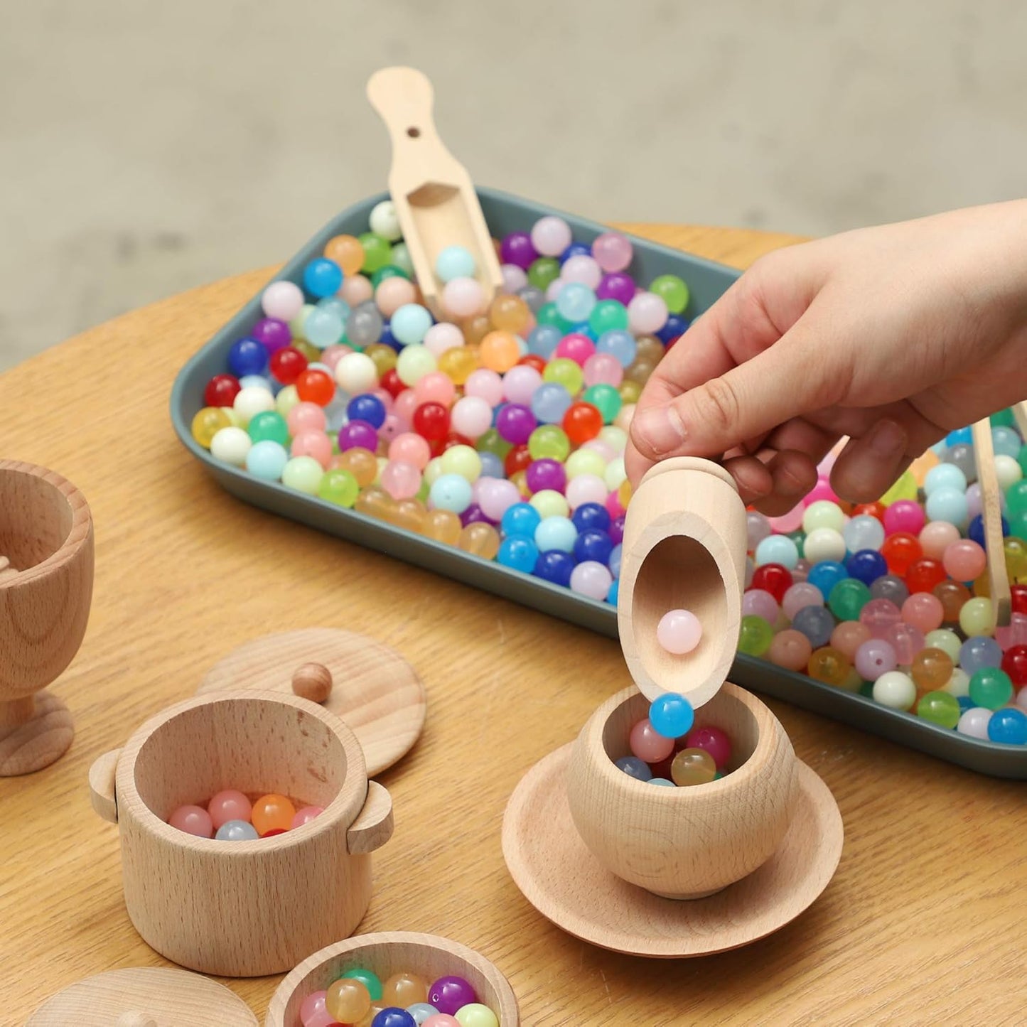 Blue Ginkgo Sensory Bin Tools – Montessori Fine Motor Skills Learning Set for Toddlers and Kids Pretend Play [9 PC] Kitchen Wooden Set with Scoops, Bamboo Tongs