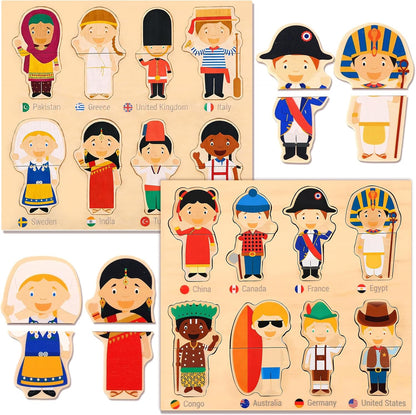 2 Set Wooden World Countries Puzzles for Toddlers 16 Mix and Match Racial Cognition Characters Diversity Educational Toys Multicultural Dress-Up Peg Puzzle Learning Toy for Boys and Girls