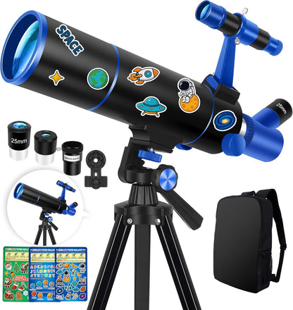 Hawkko Telescope for Adults & Kids Beginners, 80mm Aperture 500mm Telescopes for Adults Astronomy, (20X-150X) Portable Refractor Telescope Kit with Decorate Stickers, Backpack, Phone Adapter-BlackBlue