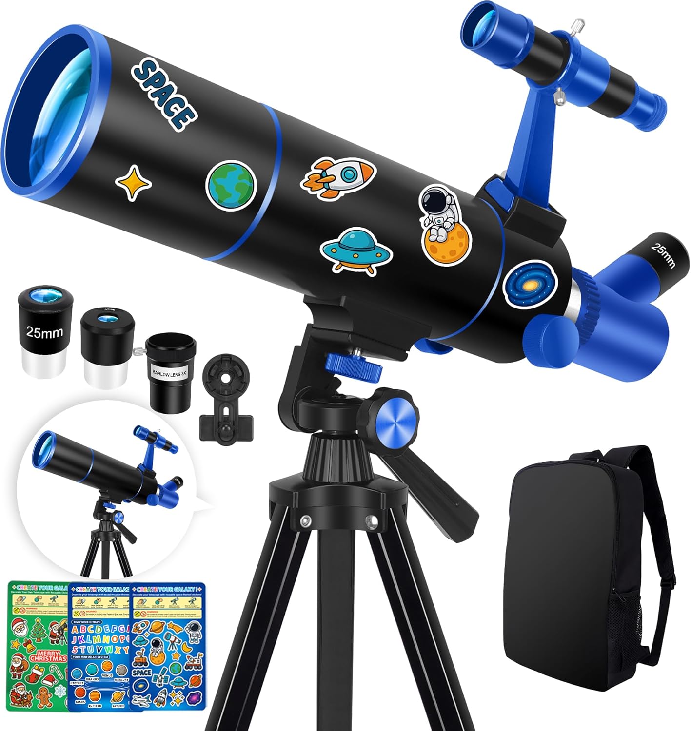 Hawkko Telescope for Adults & Kids – 80mm Aperture 500mm Telescopes for Adults Astronomy, (20X-150X) Portable Refractor Telescope Kit for Beginners with Decorate Stickers, AZ Tripod, Phone Adapter