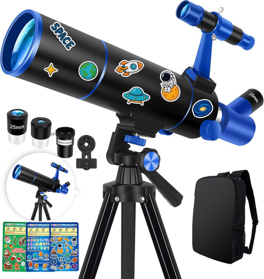 Hawkko Telescope for Adults & Kids – 80mm Aperture 500mm Telescopes for Adults Astronomy, (20X-150X) Portable Refractor Telescope Kit for Beginners with Decorate Stickers, AZ Tripod, Phone Adapter
