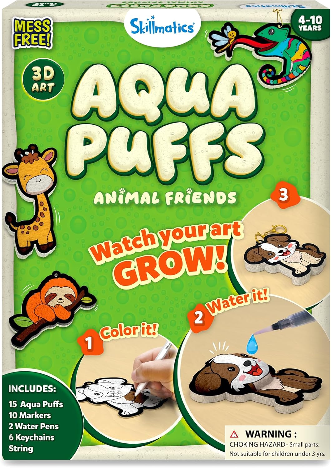 Skillmatics Aqua Puffs - 3D Art Kit, Animals, Mess-Free Paint by Number Craft for Kids, DIY Color Activity, Screen-Free Entertainment, Travel & Creative Gift for Girls & Boys Ages 4, 5, 6, 7, 8, 9, 10