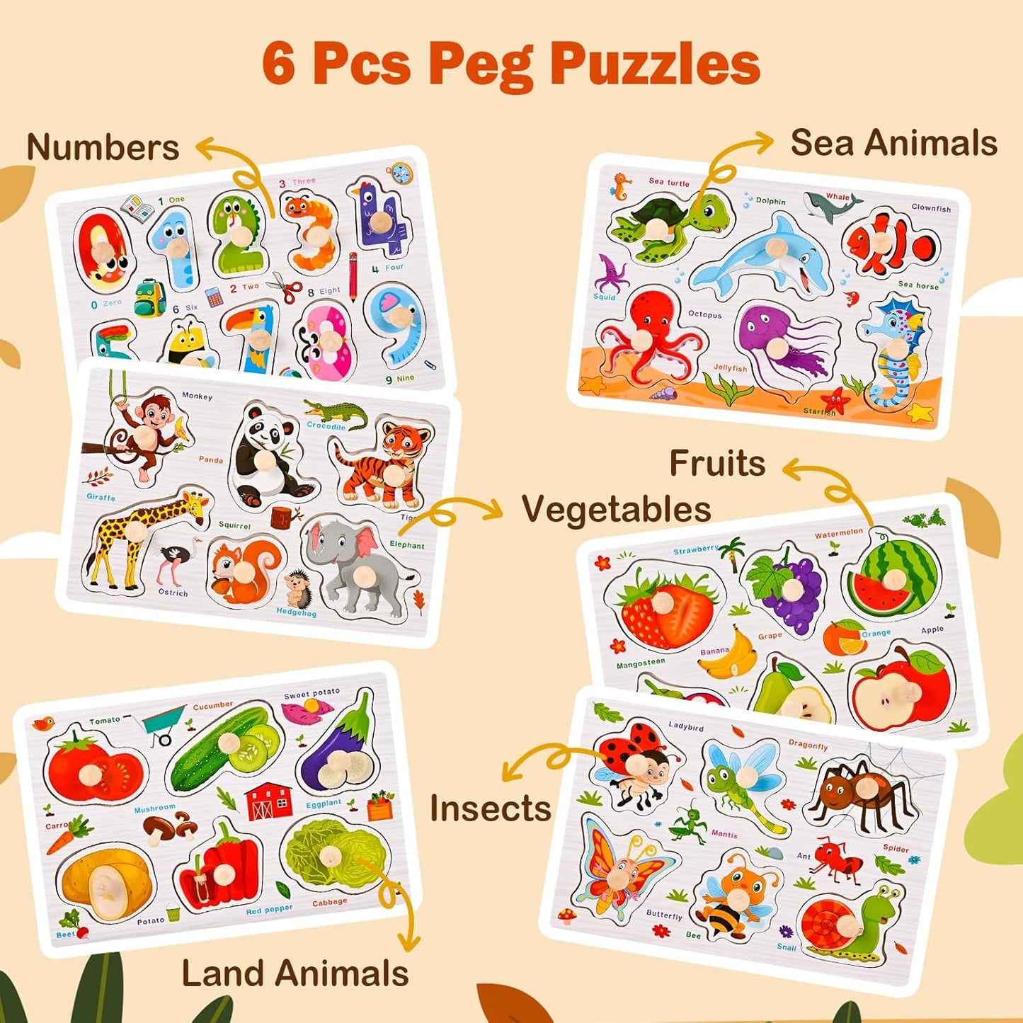 Wooden Peg Puzzles for Toddlers 3 4 5 Years Old, 6 PCS Toddler Puzzles (Vegetables, Numbers, Fruits, Insects, Sea and Animals), Great Preschool Learning Puzzle Toys for Girls and Boys