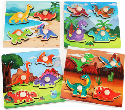 Wooden Peg Puzzles for Toddlers 1-3, Kids' Educational Preschool Peg Puzzle Toy, Set of 4 Toddler Puzzles - Farm, Dinosaur, Fruit and Marine Animals, Ideal Gift for Ages 1 2 3 Boys and Girls