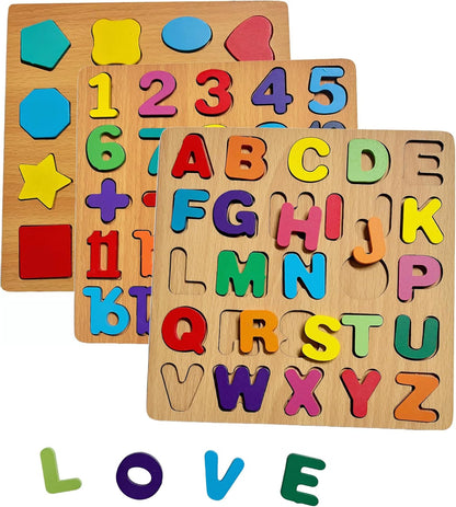 2PCS Wooden Alphabet Number Shape Puzzles for Toddlers, Educational Learning Puzzles Game (Alphabet & Number)
