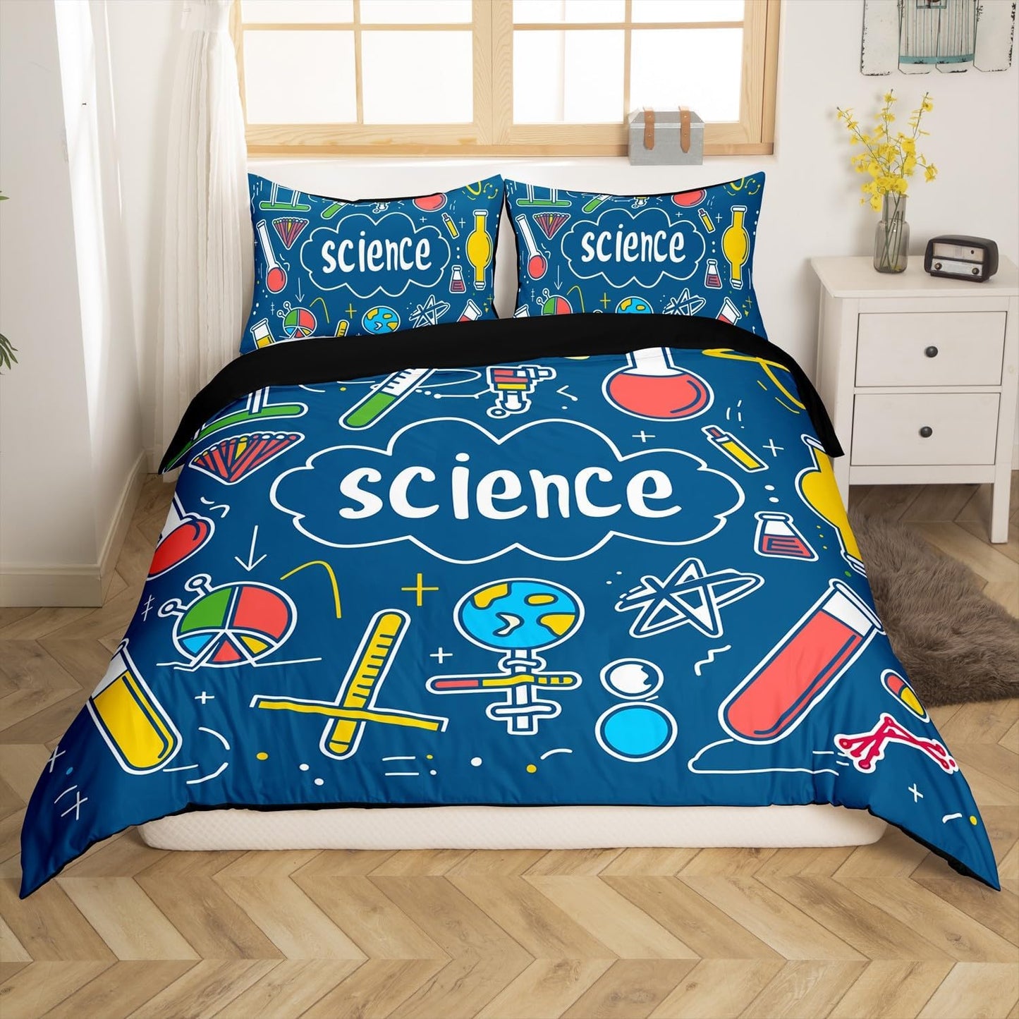 Erosebridal Science Theme Bedding Set Queen Size for Boys Girls Chemistry Periodic Table Print Duvet Cover Chemical Subject Theme Comforter Cover Teens Kids Math Science Atyle Bedspread Cover 3 Pcs