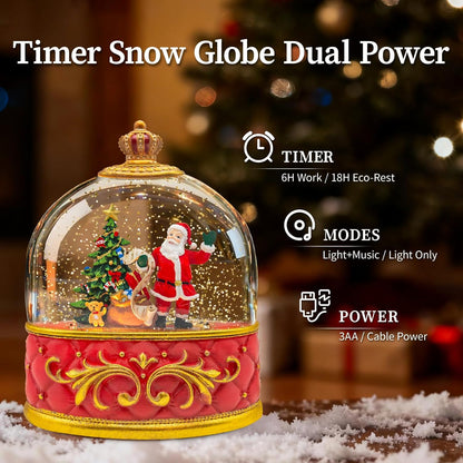 Musical Santa Snow Globe - Lighted Plastic Christmas Snow Globes with LED Lights and Swirling Glitter, Hand Painted Santa Claus Decoration Playing 8 Holiday Songs, Gift for Adults and Kids
