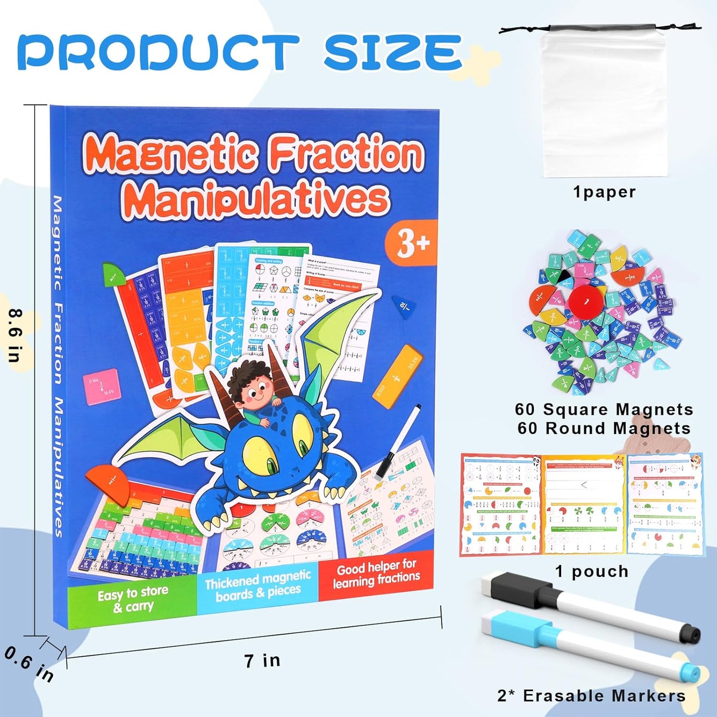 Magnetic Fraction Educational Puzzle, 102 Pcs Magnetic Fraction Puzzle for Kids, Magnetic Fraction Tiles & Fraction Circles, Fractions Manipulatives Learning Games for Elementary School