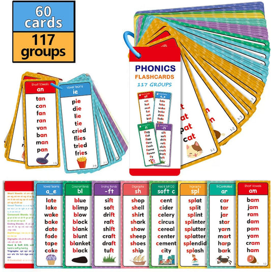 Phonics Flashcards, 60 Cards with 117 Sound Groups, Learn to Read and Spell, Rounded Corners, Color-Coded, Ring Included, for Preschool Kids