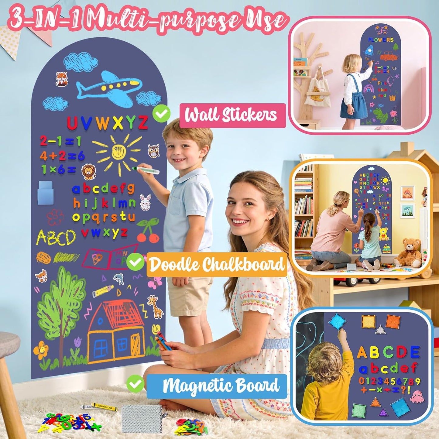8 PCS Magnetic Wall Decals for Kids Magnetic Chalkboard Peel and Stick Magnet Sheets Board Sticker Tangram Puzzle Self Adhesive Contact Paper Dry Erase Blackboard for Playroom Homeschool 15.7"x10.4"