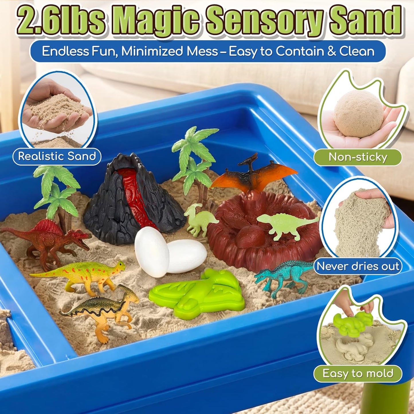Lehoo Castle Sensory Table with Sensory Sand, Indoor Sensory Bin with Lid & 2.6lbs Play Sand, Construction Kit with 6 Alloy Trucks & Castle Molds, Sensory Toys for Toddler Boys and Girls