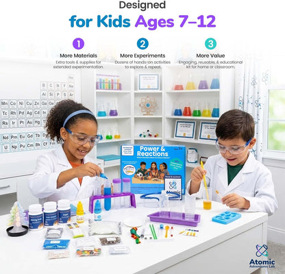 Power & Reactions Chemistry Kit - 40+ STEM Educational Science Experiments for Kids Ages 7-12 with Periodic Table Cards & All Tools, Hands-On Learning Activities for Boys & Girls
