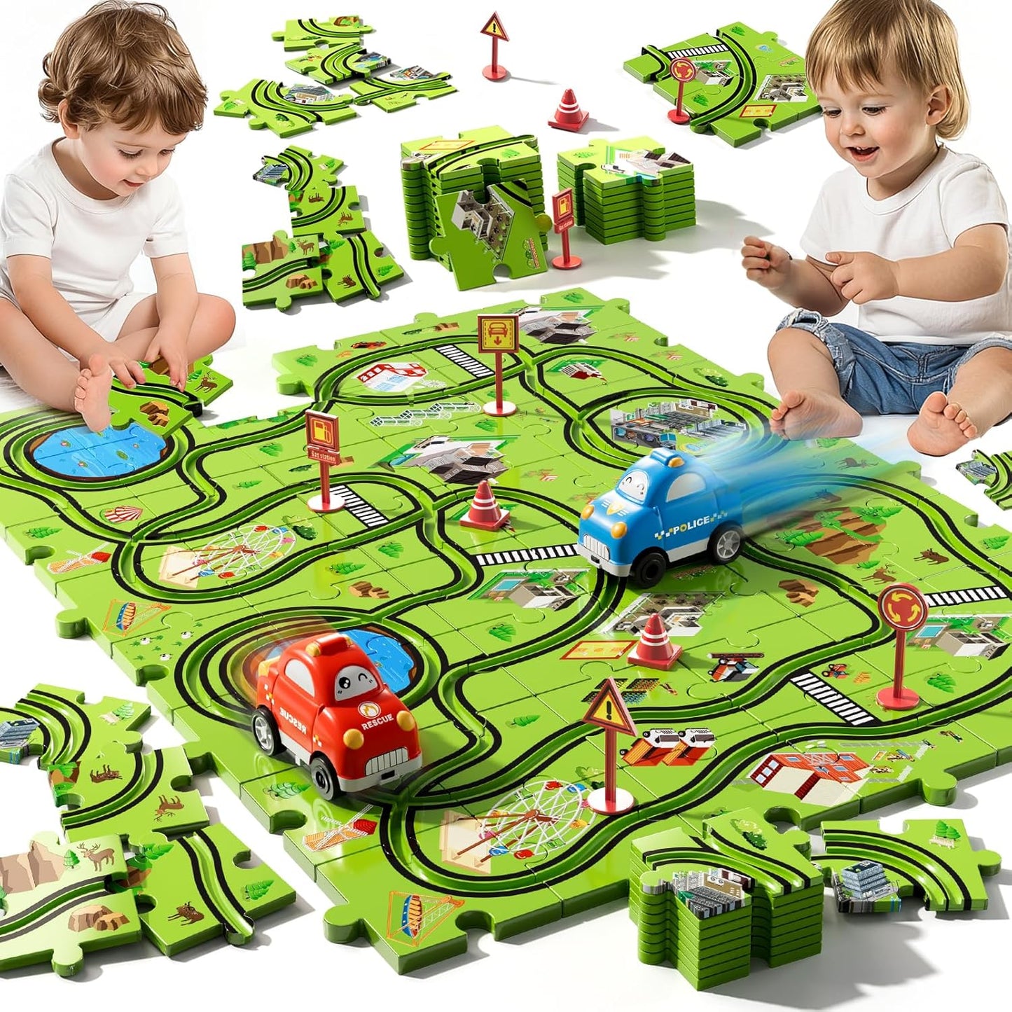 Beby Buty 64PCS Puzzle Track Car Set Toys for Kids Boys, Toddler Toys Gifts for 3 4 5 Year Old, Floor Puzzle Tracks Car for Boys Ages 3-5 4-6, for 3 4 5 6 Year Old