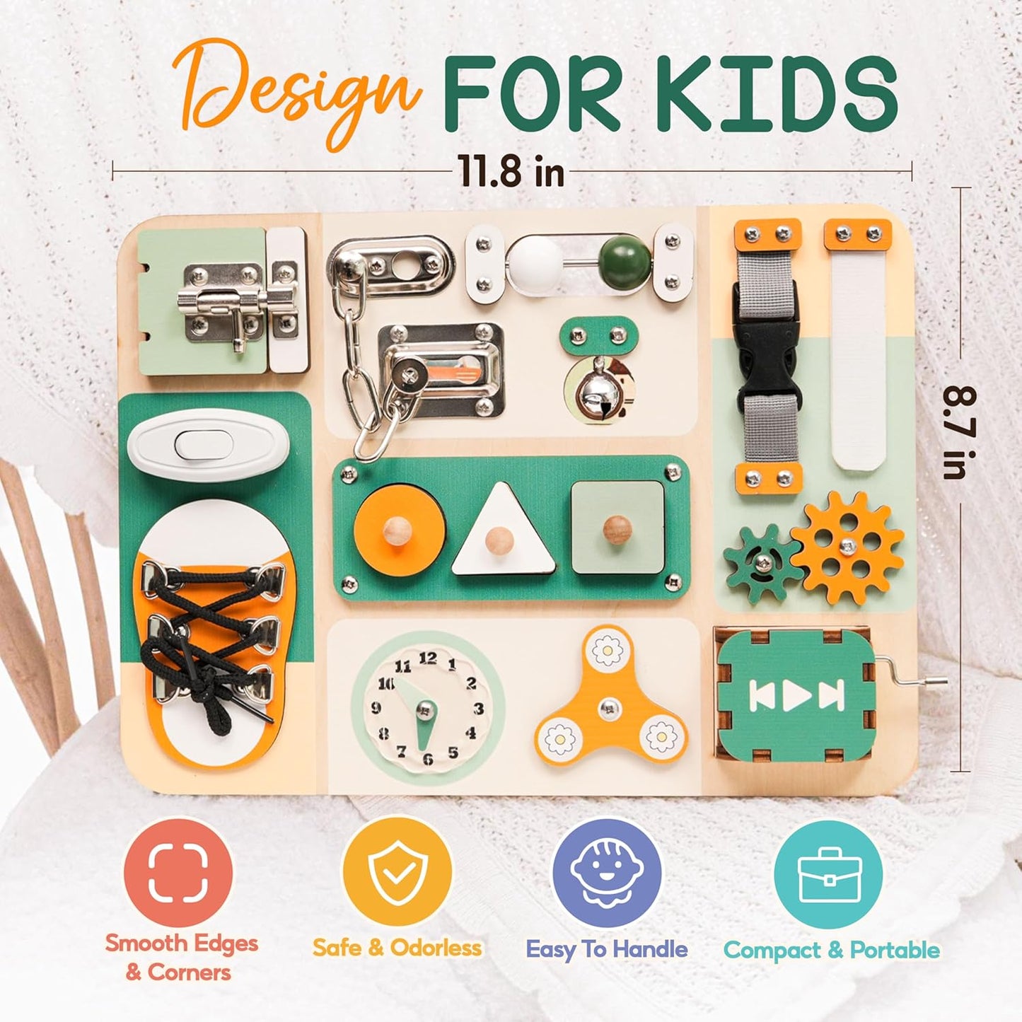 Montessori Busy Board for Baby & Toddlers 1-3 - Wooden Sensory Activity Board with 13 Activities, Real Metal Locks & Latches - Fine Motor Skills Educational Toy for 1 2 3 Year Old - Travel Friendly