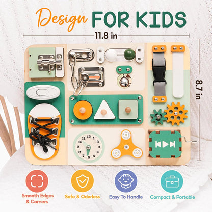 Montessori Busy Board for Baby & Toddlers 1-3 - Wooden Sensory Activity Board with 13 Activities, Real Metal Locks & Latches - Fine Motor Skills Educational Toy for 1 2 3 Year Old - Travel Friendly