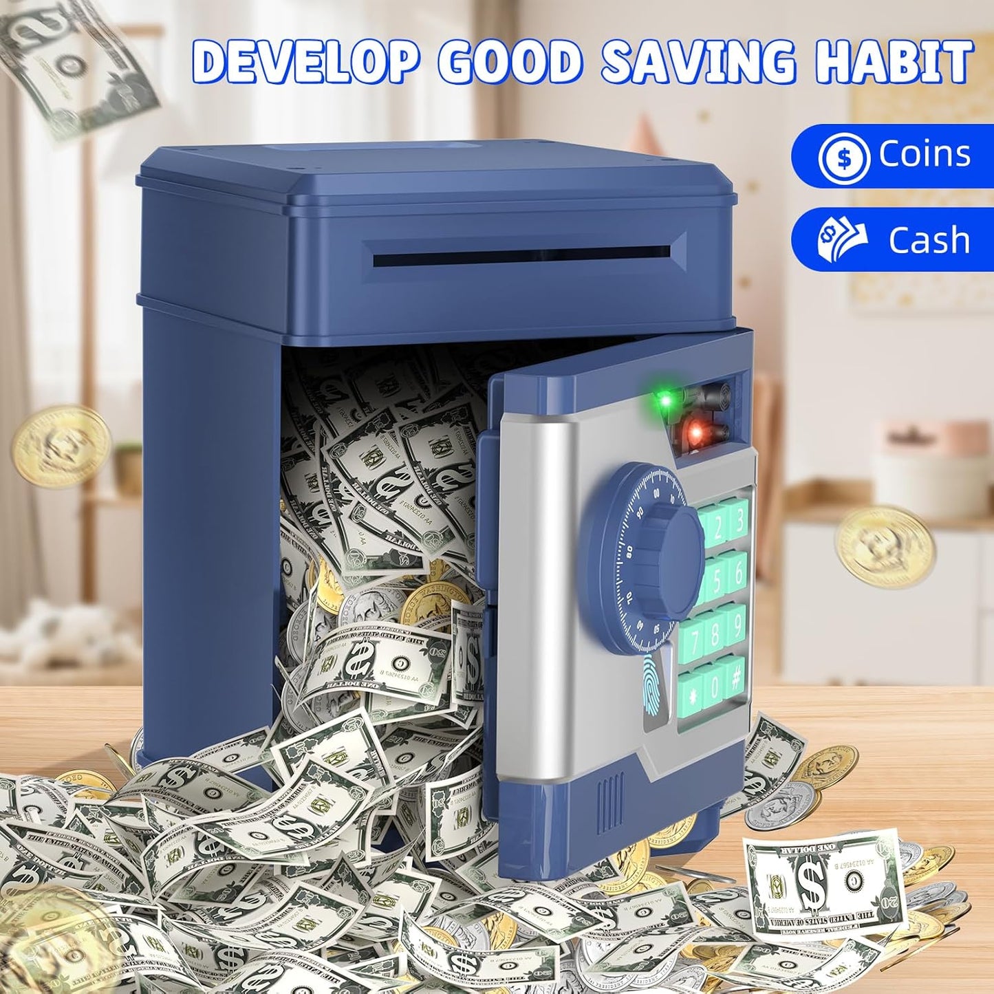 Piggy Bank, Automatic Electronic Piggy Bank for Kids Boys Girls with Password and Fingerprint Unlocking Simulation, Money Bank Kids Safe Toys for 3 4 5 6 7 8 9 10 Year Old Boy Girl (Black)