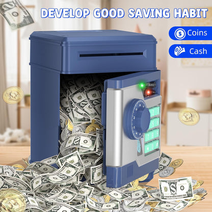 Piggy Bank, Automatic Electronic Piggy Bank for Kids Boys Girls with Password and Fingerprint Unlocking Simulation, Money Bank Kids Safe Toys for 3 4 5 6 7 8 9 10 Year Old Boy Girl (Black)