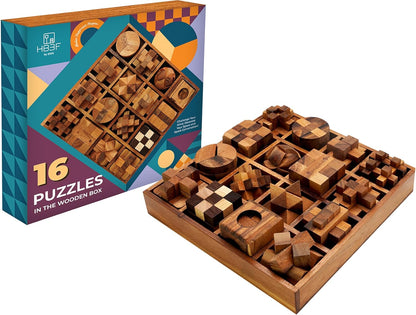 BSIRI 16 in 1 Wooden Brain Teaser Puzzles for Adults and Teens or Kids Interlocking 3D Mini Wood Mind Games Hand Puzzle Teasers Set Toys Coffee Table Games Gift