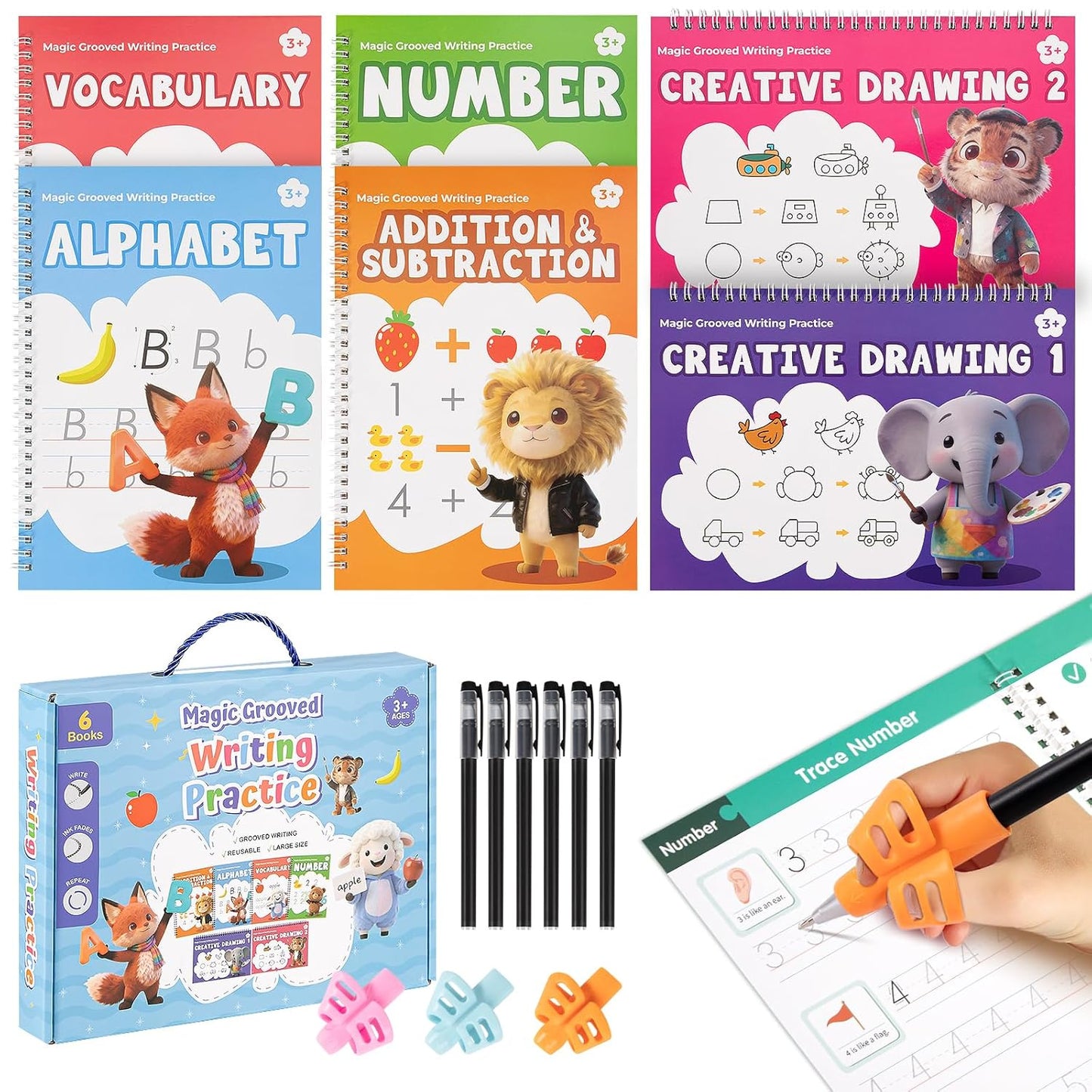 Magic Grooved Writing Practice Books, Reusable 3D Grooved Handwriting Practice for Kids Ages 3-5, Disappearing Ink Pens & Grips, Perfect Educational Gift